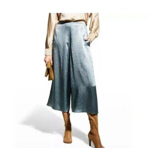 Vince Wide Leg Culottes Womens 10 Blue Satin Drapey High Rise Cropped
